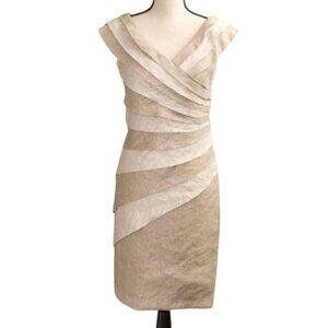 London Style Collection Layered Pleated Cocktail Dress Mother of Bride 16 Beige